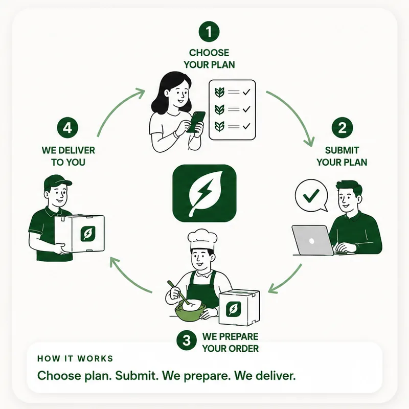 The Daily Fuel meal-plan process: choose your plan, submit your plan, we prepare it, and deliver it to you.